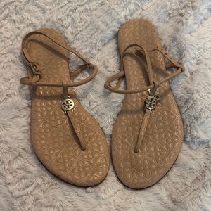 Tory Burch Tan Leather T-Strap Sandals with Gold Logo